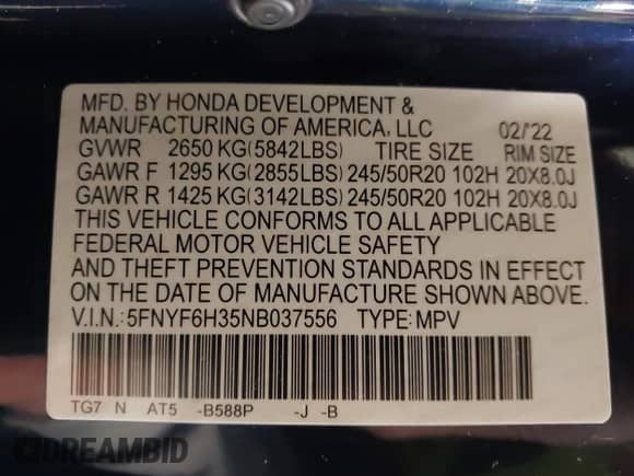 2022 Honda Pilot Sport с VIN 5FNYF6H35NB037556, выставлен на аукционе IAAI как лот 42355223 с пробегом 5 500 миль миль и . История ставок и продаж доступна на DreamBid. Изображение 9.