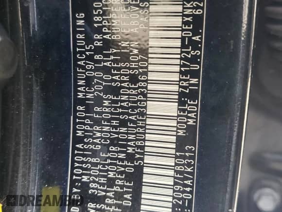 2016 Toyota Corolla L с VIN 5YFBURHE3GP386107, выставлен на аукционе Copart как лот 85110015 с пробегом 163 218 миль миль и Списание • Salvage title. История ставок и продаж доступна на DreamBid. Изображение 12.