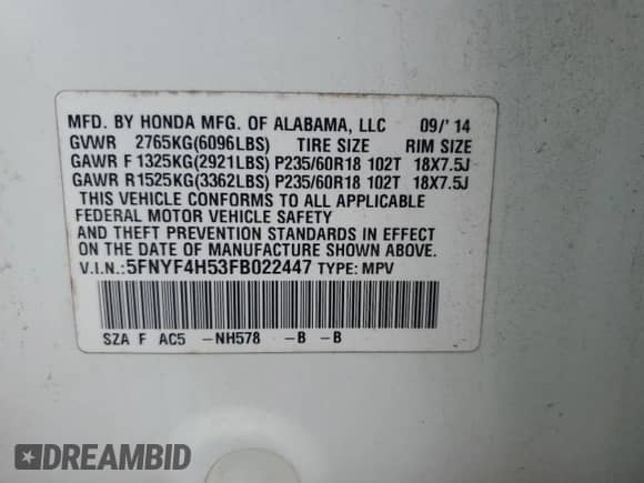 2015 Honda Pilot EX-L с VIN 5FNYF4H53FB022447, выставлен на аукционе Copart как лот 84039235 с пробегом 90 366 миль миль и Списание • Salvage title. История ставок и продаж доступна на DreamBid. Изображение 13.