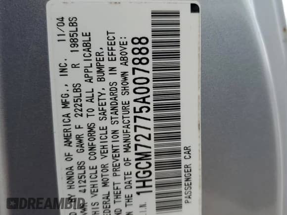 2005 Honda Accord EX with VIN 1HGCM72775A007888, listed as a Copart auction lot 53977315 with 153,220 mi miles and Salvage title. Bid and sale history available at DreamBid. Image 12.