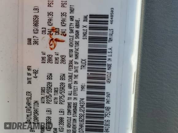 2002 Dodge 1500 z VIN 1D7HA18Z92J234374, wystawiony jako Copart lot #84521965 z przebiegiem 314 377 mil mil oraz Szkoda całkowita • Salvage title. Historia ofert i sprzedaży dostępna na DreamBid. Obrazek 12.