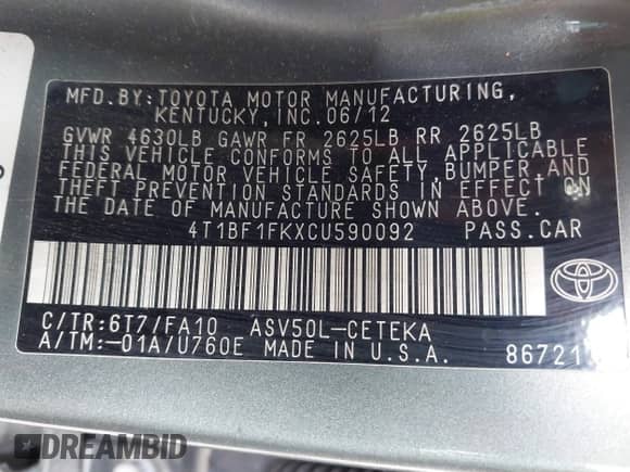 2012 Toyota Camry L z VIN 4T1BF1FKXCU590092, wystawiony jako IAAI lot #42836843 z przebiegiem 138 737 mil mil oraz . Historia ofert i sprzedaży dostępna na DreamBid. Obrazek 9.