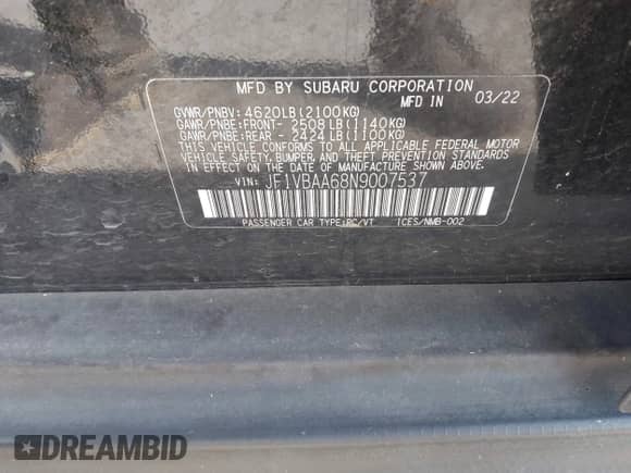 2022 Subaru WRX with VIN JF1VBAA68N9007537, listed as a IAAI auction lot 42320771 with 22,016 mi miles and . Bid and sale history available at DreamBid. Image 9.