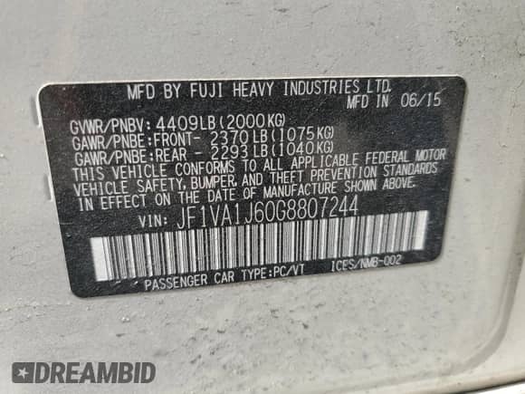 2016 Subaru WRX Limited with VIN JF1VA1J60G8807244, listed as a Copart auction lot 61259225 with 155,836 mi miles and Clean title. Bid and sale history available at DreamBid. Image 12.