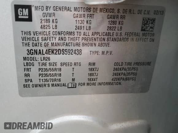 2013 Chevrolet Captiva Sport LTZ with VIN 3GNAL4EK2DS592438, listed as a Copart auction lot 76022524 with 187,726 mi miles and Salvage title. Bid and sale history available at DreamBid. Image 13.
