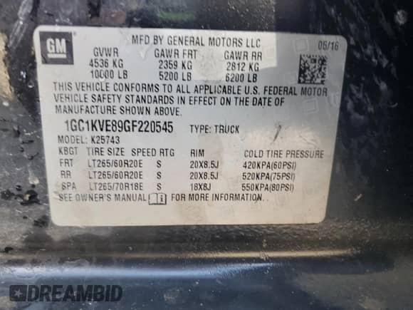 2016 Chevrolet Silverado 2500HD LT with VIN 1GC1KVE89GF220545, listed as a Copart auction lot 63319915 with 234,179 mi miles and Salvage title. Bid and sale history available at DreamBid. Image 12.