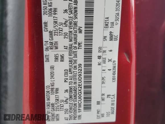 2014 Ford Escape SE with VIN 1FMCU0GX2EUD93239, listed as a Copart auction lot 83942805 with 124,871 mi miles and Salvage title. Bid and sale history available at DreamBid. Image 12.