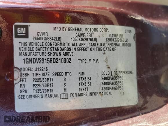 2008 Chevrolet Uplander LS z VIN 1GNDV23158D210902, wystawiony jako Copart lot #80862705 z przebiegiem 128 173 mil mil oraz Szkoda całkowita • Salvage title. Historia ofert i sprzedaży dostępna na DreamBid. Obrazek 14.
