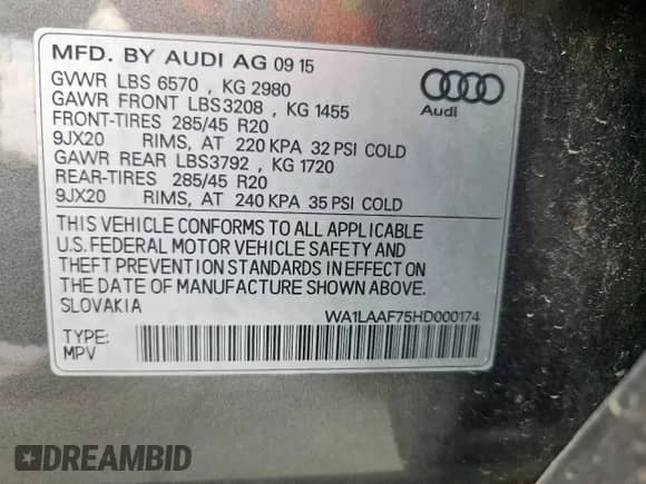 2017 Audi Q7 Premium Plus с VIN WA1LAAF75HD000174, выставлен на аукционе Copart как лот 70449875 с пробегом 131 494 миль миль и Списание • Salvage title. История ставок и продаж доступна на DreamBid. Изображение 14.