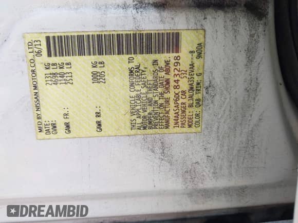 2013 Nissan Maxima SV z VIN 1N4AA5AP6DC843298, wystawiony jako IAAI lot #42383948 z przebiegiem 165 477 mil mil oraz . Historia ofert i sprzedaży dostępna na DreamBid. Obrazek 9.