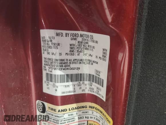 2013 Ford F-150 FX4 с VIN 1FTFW1EF4DKG02129, выставлен на аукционе Copart как лот 70013175 с пробегом Не указан миль и Списание • Salvage title. История ставок и продаж доступна на DreamBid. Изображение 12.