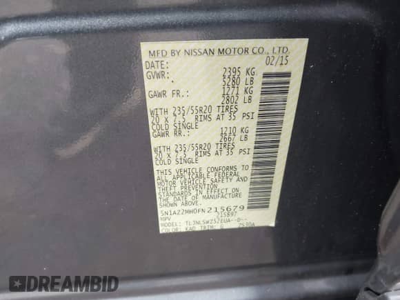 2015 Nissan Murano S with VIN 5N1AZ2MH0FN215679, listed as a IAAI auction lot 42900906 with 144,047 mi miles and . Bid and sale history available at DreamBid. Image 9.