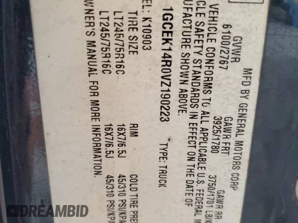 1997 Chevrolet Silverado 1500 z VIN 1GCEK14R0VZ190223, wystawiony jako Copart lot #59297615 z przebiegiem 443 338 mil mil oraz Czysty tytuł • Clean title. Historia ofert i sprzedaży dostępna na DreamBid. Obrazek 12.