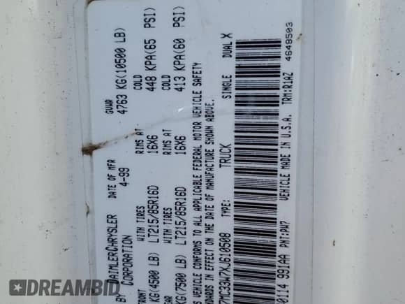 1999 Dodge 3500 с VIN 1B7MC33W7XJ610508, выставлен на аукционе Copart как лот 75534914 с пробегом Не указан миль и Чистый • Clean title. История ставок и продаж доступна на DreamBid. Изображение 12.