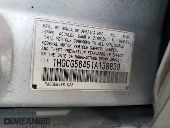 2001 Honda Accord LX с VIN 1HGCG56451A138839, выставлен на аукционе Copart как лот 81648265 с пробегом 215 937 миль миль и Списание • Salvage title. История ставок и продаж доступна на DreamBid. Изображение 12.