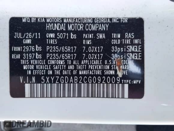 2012 Hyundai Santa Fe GLS z VIN 5XYZGDAB2CG092009, wystawiony jako IAAI lot #43231077 z przebiegiem 163 463 mil mil oraz . Historia ofert i sprzedaży dostępna na DreamBid. Obrazek 9.