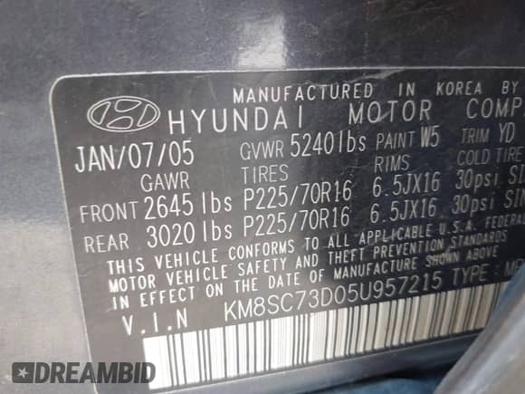 2005 Hyundai Santa Fe GLS с VIN KM8SC73D05U957215, выставлен на аукционе IAAI как лот 42728337 с пробегом 182 165 миль миль и . История ставок и продаж доступна на DreamBid. Изображение 9.
