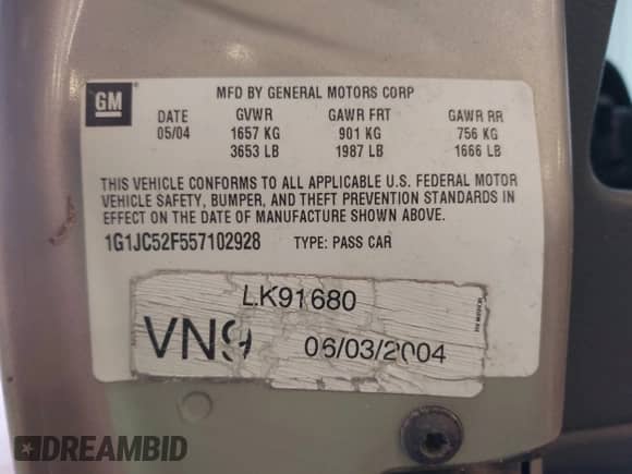 2005 Chevrolet Cavalier with VIN 1G1JC52F557102928, listed as a IAAI auction lot 42503240 with 258,303 mi miles and . Bid and sale history available at DreamBid. Image 9.