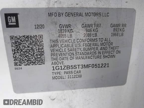 2021 Chevrolet Malibu LS z VIN 1G1ZB5ST3MF051221, wystawiony jako IAAI lot #42871901 z przebiegiem 133 772 mil mil oraz . Historia ofert i sprzedaży dostępna na DreamBid. Obrazek 9.