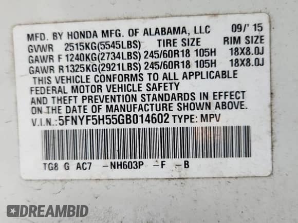 2016 Honda Pilot EX-L z VIN 5FNYF5H55GB014602, wystawiony jako Copart lot #84705915 z przebiegiem 160 250 mil mil oraz Szkoda całkowita • Salvage title. Historia ofert i sprzedaży dostępna na DreamBid. Obrazek 13.