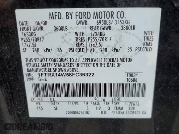 2008 Ford F-150 STX with VIN 1FTRX14W58FC36322, listed as a Copart auction lot 82767295 with 137,464 mi miles and Clean title. Bid and sale history available at DreamBid. Image 12.