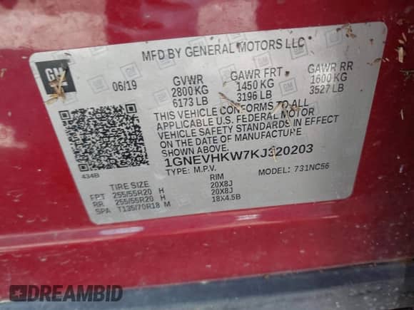 2019 Chevrolet Traverse LT z VIN 1GNEVHKW7KJ320203, wystawiony jako IAAI lot #42171498 z przebiegiem 162 524 mil mil oraz . Historia ofert i sprzedaży dostępna na DreamBid. Obrazek 9.