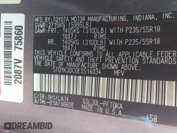 2014 Toyota Sienna XLE с VIN 5TDYK3DC0ES514034, выставлен на аукционе IAAI как лот 42458641 с пробегом 98 413 миль миль и . История ставок и продаж доступна на DreamBid. Изображение 9.