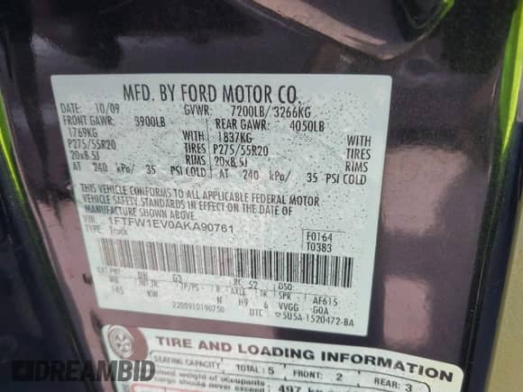 2010 Ford F-150 XL with VIN 1FTFW1EV0AKA90761, listed as a IAAI auction lot 43259985 with 193,482 mi miles and . Bid and sale history available at DreamBid. Image 9.