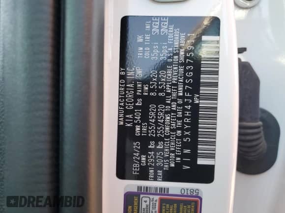 2025 Kia Sorento EX с VIN 5XYRH4JF7SG375911, выставлен на аукционе Copart как лот 67927735 с пробегом 4 470 миль миль и Списание • Salvage title. История ставок и продаж доступна на DreamBid. Изображение 14.