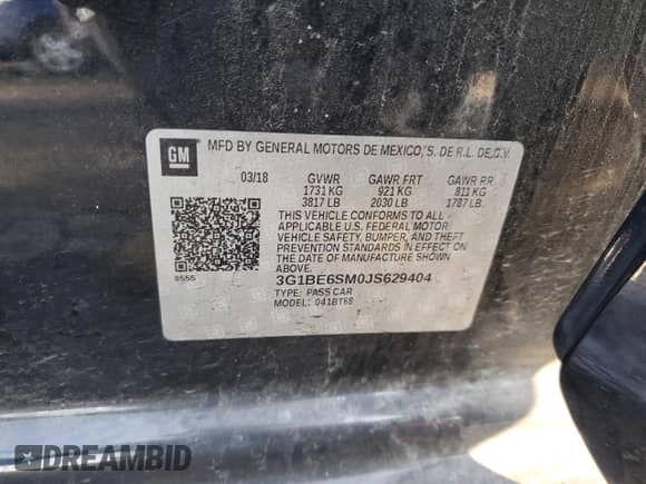 2018 Chevrolet Cruze LT with VIN 3G1BE6SM0JS629404, listed as a Copart auction lot 66607105 with 58,271 mi miles and Clean title. Bid and sale history available at DreamBid. Image 13.