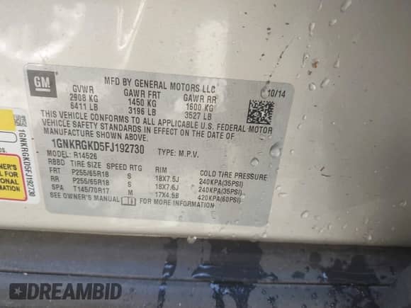 2015 Chevrolet Traverse LT с VIN 1GNKRGKD5FJ192730, выставлен на аукционе IAAI как лот 43156725 с пробегом Не указан миль и . История ставок и продаж доступна на DreamBid. Изображение 9.