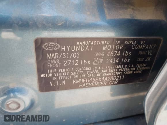 2004 Hyundai XG with VIN KMHFU45EX4A280211, listed as a IAAI auction lot 42574926 with 133,506 mi miles and . Bid and sale history available at DreamBid. Image 9.