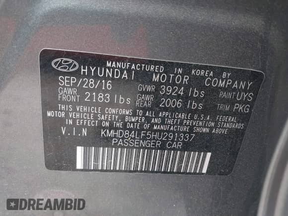 2017 Hyundai Elantra Value Edition with VIN KMHD84LF5HU291337, listed as a IAAI auction lot 42038011 with 92,516 mi miles and . Bid and sale history available at DreamBid. Image 9.