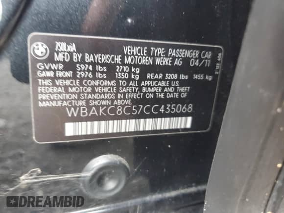 2012 BMW 7 Series 750Li xDrive with VIN WBAKC8C57CC435068, listed as a Copart auction lot 67422785 with 119,832 mi miles and Salvage title. Bid and sale history available at DreamBid. Image 12.