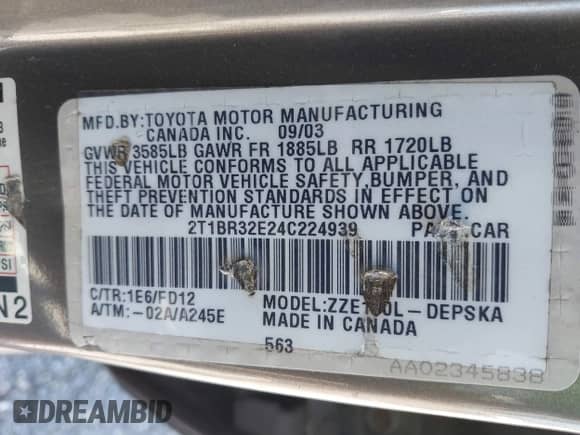 2004 Toyota Corolla CE with VIN 2T1BR32E24C224939, listed as a IAAI auction lot 43440019 with 299,999 mi miles and . Bid and sale history available at DreamBid. Image 9.