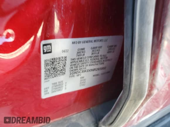 2022 Chevrolet Suburban LS with VIN 1GNSCBKD0NR265992, listed as a Copart auction lot 52419105 with 38,180 mi miles and Salvage title. Bid and sale history available at DreamBid. Image 14.