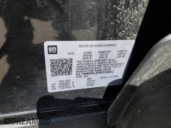 2023 Chevrolet TrailBlazer LS с VIN KL79MNSL2PB184692, выставлен на аукционе Copart как лот 62165545 с пробегом 51 200 миль миль и Списание • Salvage title. История ставок и продаж доступна на DreamBid. Изображение 14.
