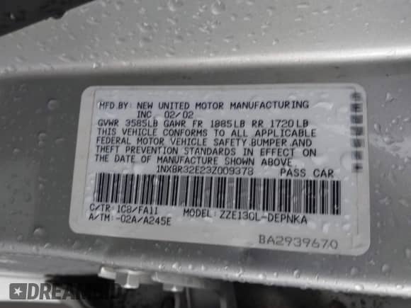 2003 Toyota Corolla CE с VIN 1NXBR32E23Z009378, выставлен на аукционе IAAI как лот 43326576 с пробегом 148 841 миль миль и . История ставок и продаж доступна на DreamBid. Изображение 9.