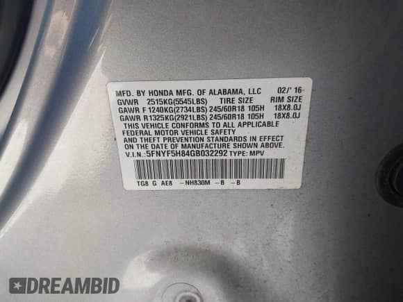 2016 Honda Pilot EX-L z VIN 5FNYF5H84GB032292, wystawiony jako IAAI lot #41765485 z przebiegiem 159 775 mil mil oraz . Historia ofert i sprzedaży dostępna na DreamBid. Obrazek 9.