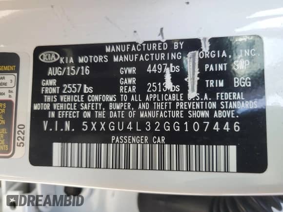 2016 Kia Optima EX z VIN 5XXGU4L32GG107446, wystawiony jako Copart lot #84625225 z przebiegiem 91 618 mil mil oraz Szkoda całkowita • Salvage title. Historia ofert i sprzedaży dostępna na DreamBid. Obrazek 12.