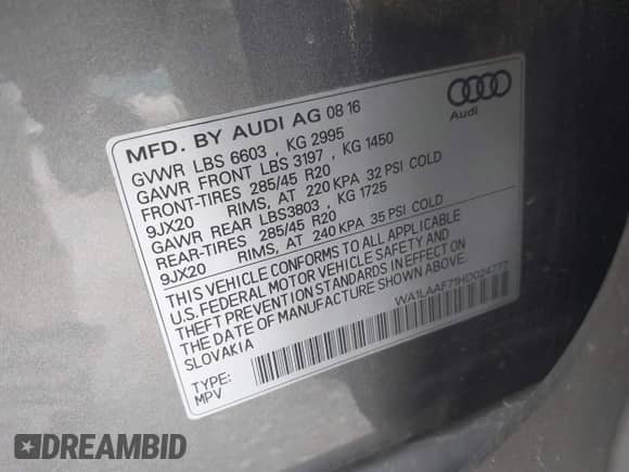 2017 Audi Q7 Premium Plus with VIN WA1LAAF71HD024777, listed as a IAAI auction lot 43183491 with 107,228 mi miles and . Bid and sale history available at DreamBid. Image 9.
