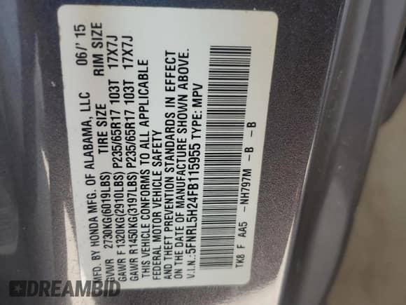 2015 Honda Odyssey LX with VIN 5FNRL5H24FB115955, listed as a Copart auction lot 61471335 with 114,741 mi miles and Salvage title. Bid and sale history available at DreamBid. Image 13.