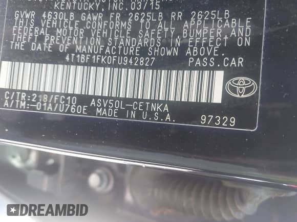 2015 Toyota Camry LE с VIN 4T1BF1FK0FU942827, выставлен на аукционе IAAI как лот 43526681 с пробегом 195 074 миль миль и . История ставок и продаж доступна на DreamBid. Изображение 9.