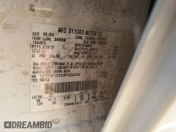 2004 Ford F-150 XLT with VIN 1FTPW12524FA26324, listed as a Copart auction lot 84644325 with 202,467 mi miles and Clean title. Bid and sale history available at DreamBid. Image 13.