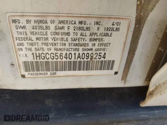 2001 Honda Accord LX with VIN 1HGCG56401A099254, listed as a IAAI auction lot 42606489 with 274,854 mi miles and . Bid and sale history available at DreamBid. Image 9.