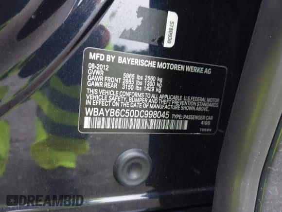 2013 BMW 7 Series 750i xDrive with VIN WBAYB6C50DC998045, listed as a IAAI auction lot 42450110 with 102,068 mi miles and . Bid and sale history available at DreamBid. Image 9.
