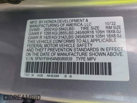 2022 Honda Pilot EX-L с VIN 5FNYF6H54NB089939, выставлен на аукционе IAAI как лот 42413239 с пробегом 39 320 миль миль и . История ставок и продаж доступна на DreamBid. Изображение 9.