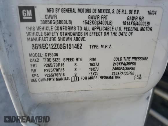 2005 Chevrolet Avalanche Z66 с VIN 3GNEC12Z05G151462, выставлен на аукционе Copart как лот 56941985 с пробегом Не указан миль и Списание • Salvage title. История ставок и продаж доступна на DreamBid. Изображение 12.