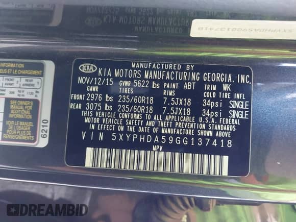 2016 Kia Sorento EX with VIN 5XYPHDA59GG137418, listed as a IAAI auction lot 43399984 with 151,401 mi miles and . Bid and sale history available at DreamBid. Image 9.