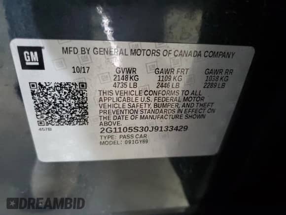 2018 Chevrolet Impala LT with VIN 2G1105S30J9133429, listed as a Copart auction lot 85570035 with 109,175 mi miles and Salvage title. Bid and sale history available at DreamBid. Image 12.